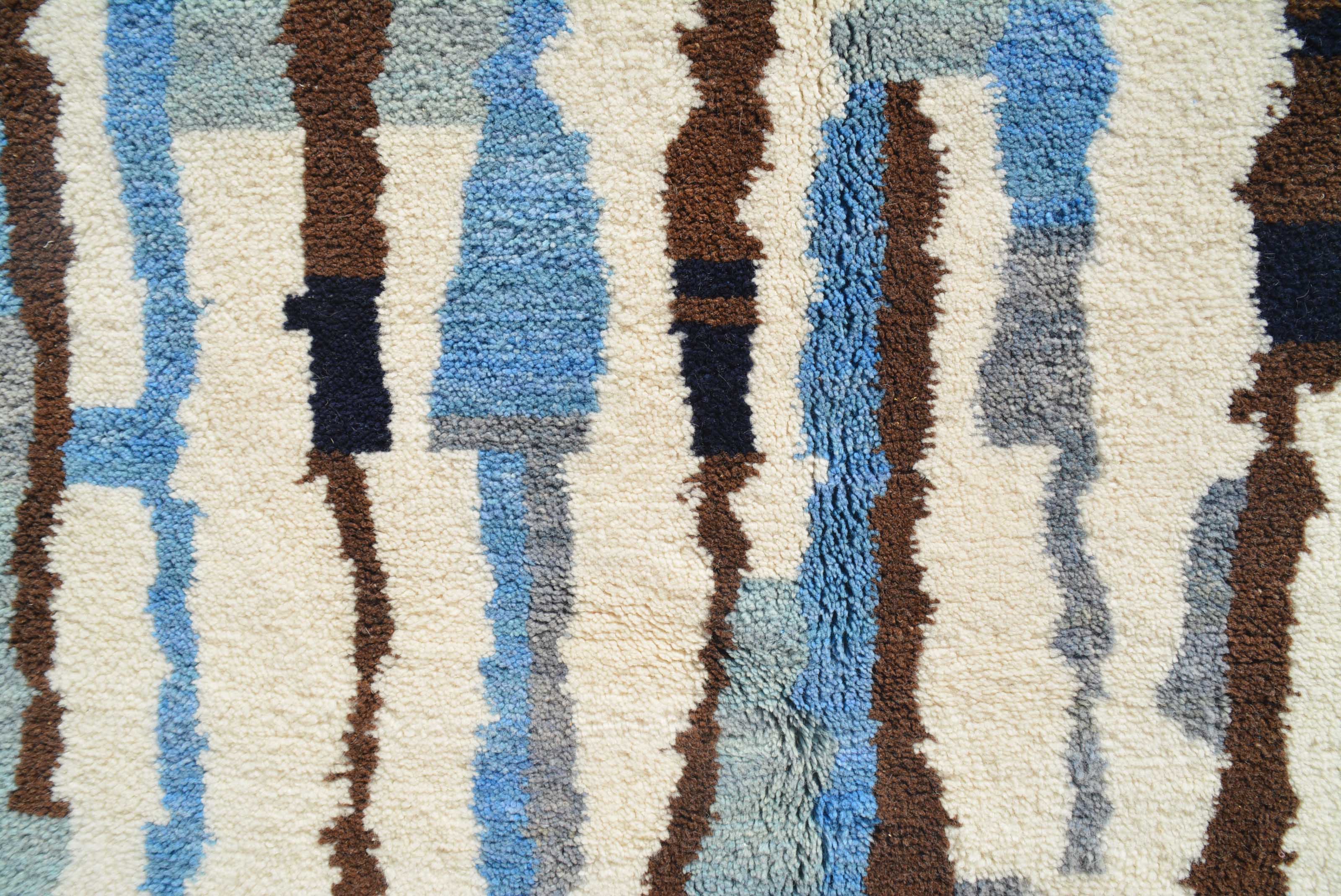 Blue Haven (5'4" x 8'0") - Abstract Blue & Brown Vertical Broken Stripe Azilal Rug - Image 2