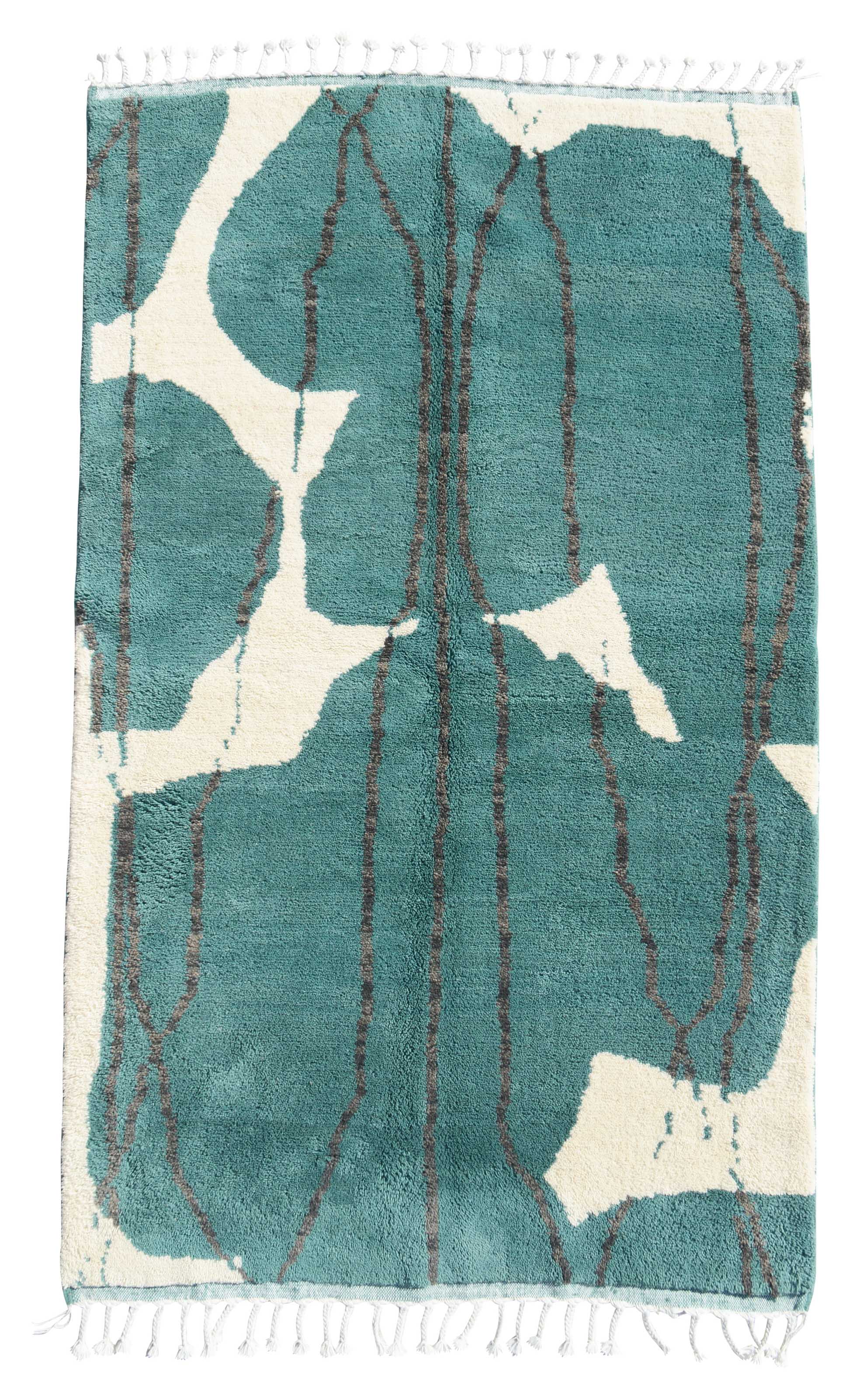 Coastal Waters (5'0" x 8'2") - Abstract Teal & Cream Organic Berber Rug