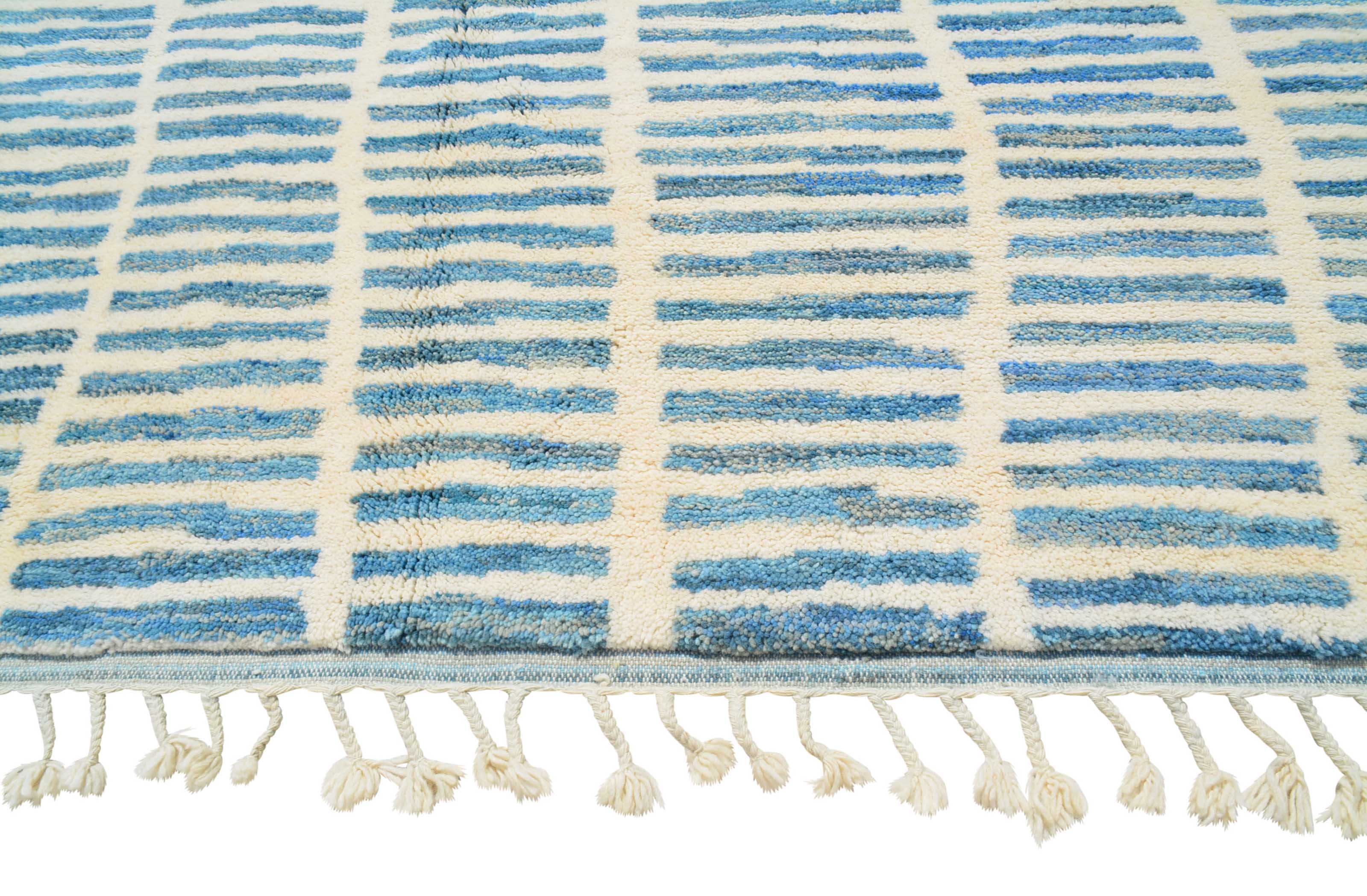 Hardly Here (8'0" x 9'10") - Abstract Blue & Cream Vertical Dash Berber Rug - Image 3