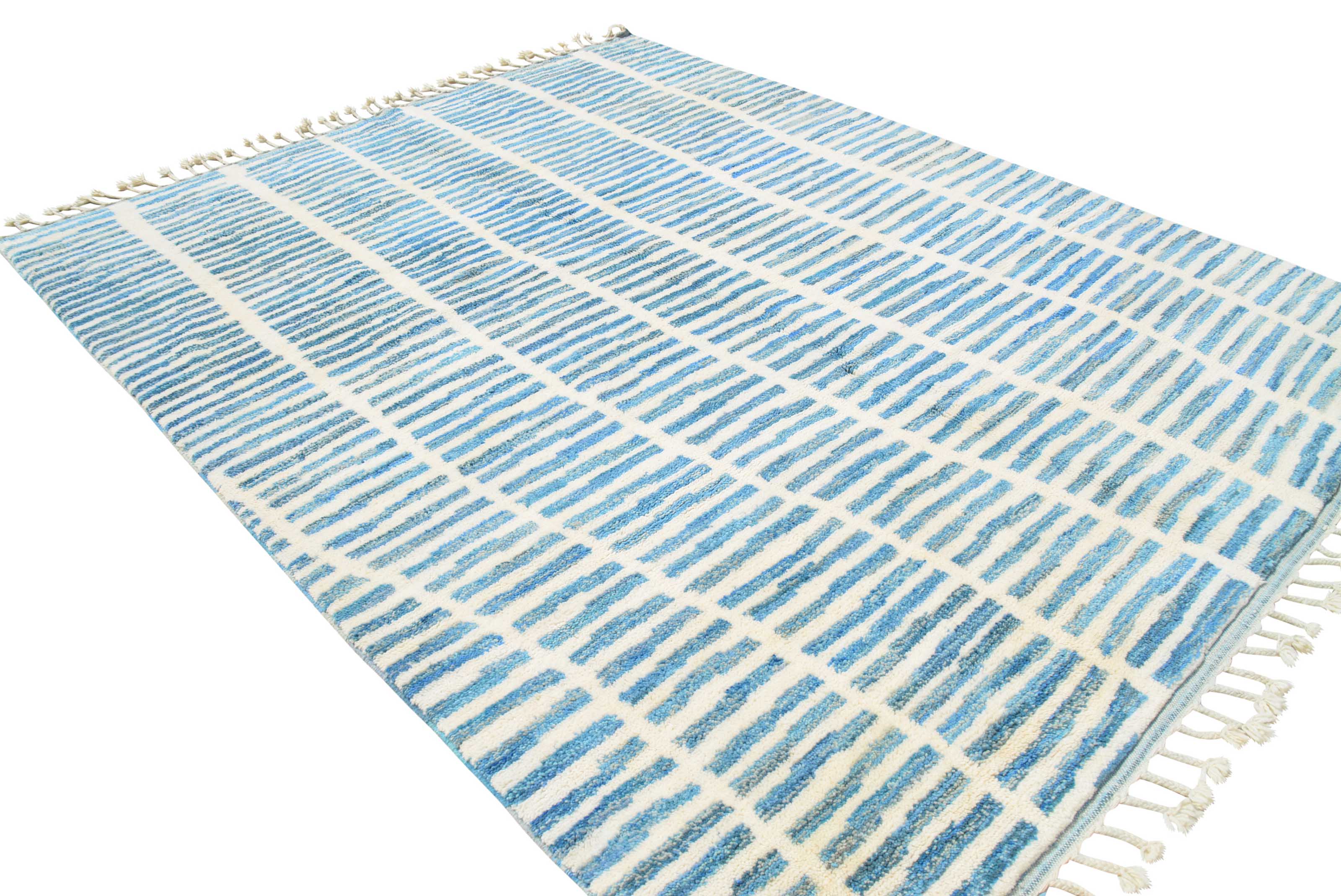 Hardly Here (8'0" x 9'10") - Abstract Blue & Cream Vertical Dash Berber Rug - Image 5