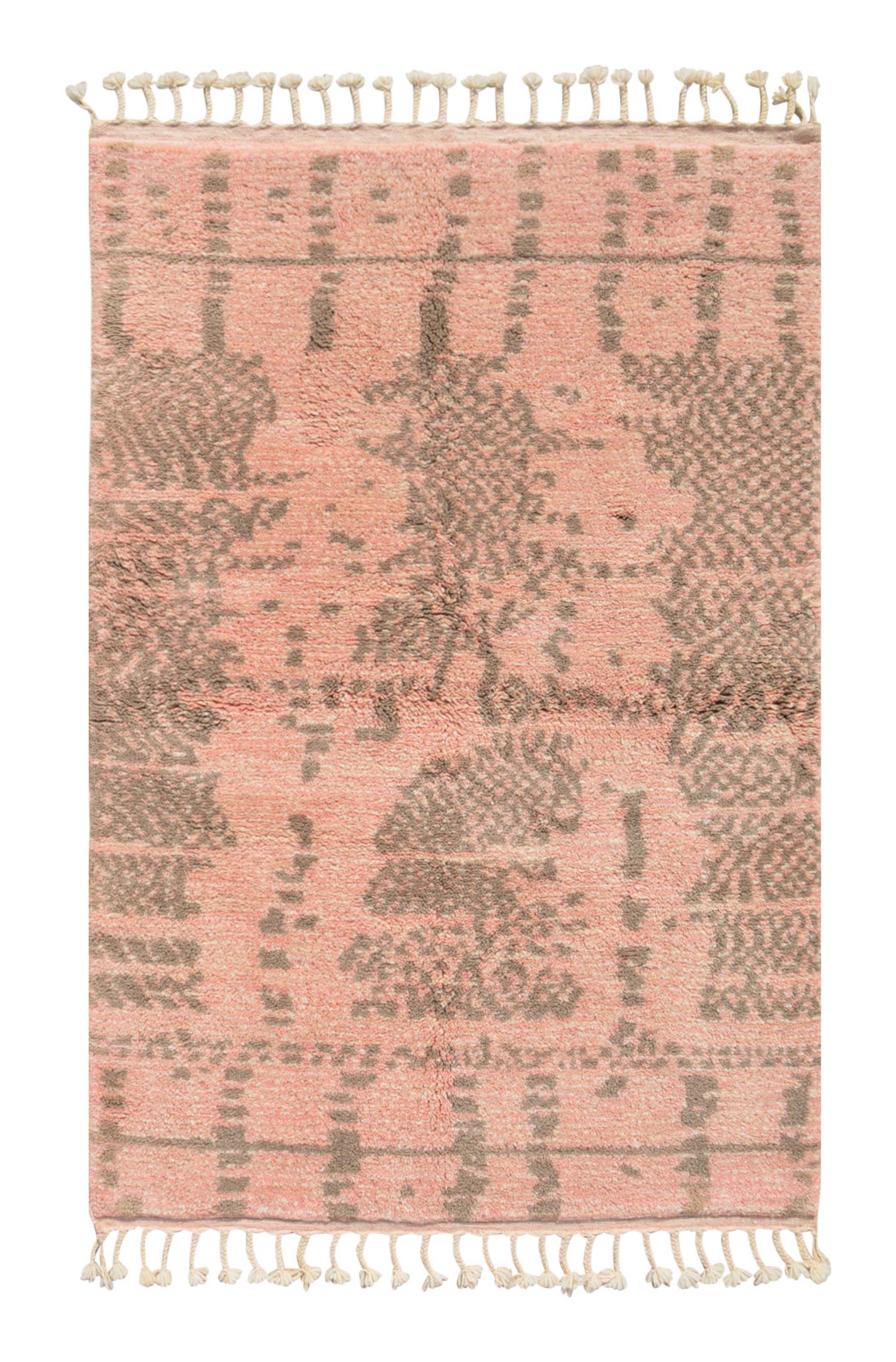 Josin (4'0" x 6'0") - Abstract Pink & Grey Distressed Symbol Azilal Rug