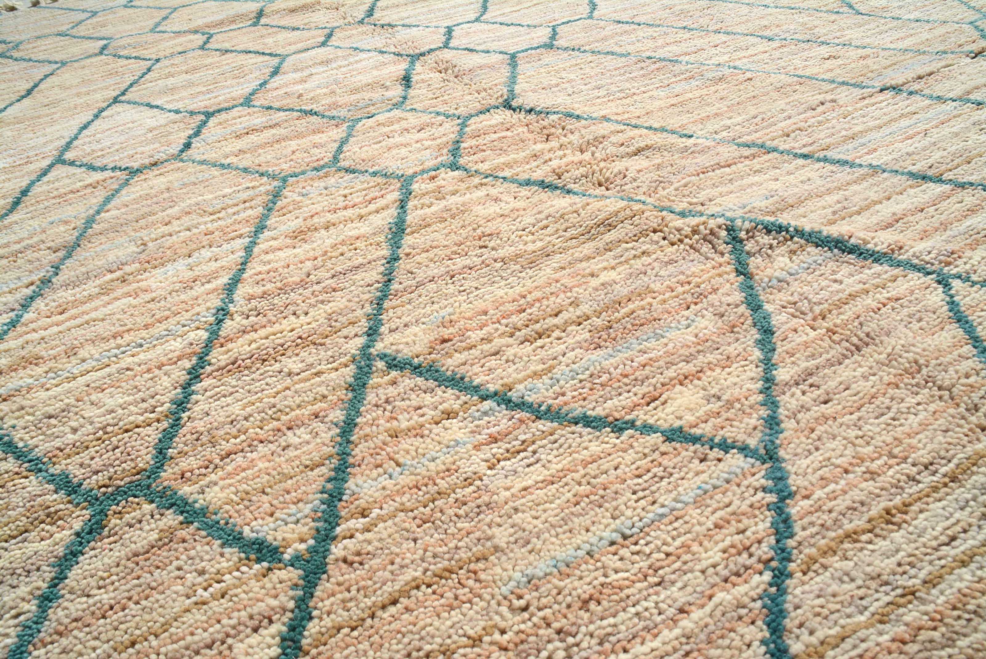 Nomadic Dusk (7'0" x 9'0") - Beige & Teal Lattice Azilal Rug - Hand-Knotted Wool - Image 2