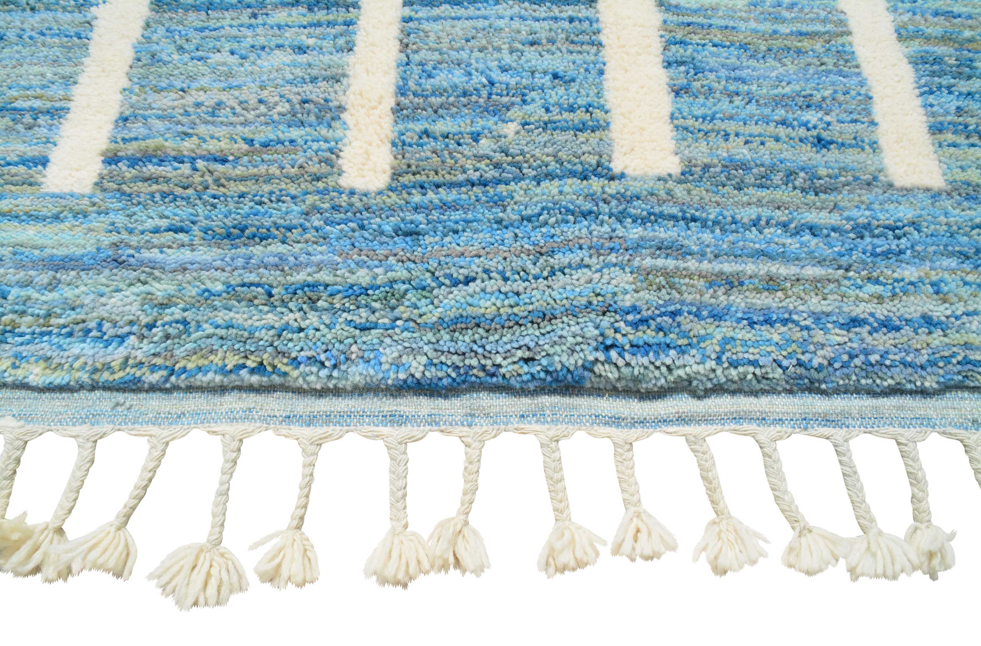 Out of the Sea (4'2" x 6'2") - Abstract Blue & White Geometric Grid Berber Rug - Image 3