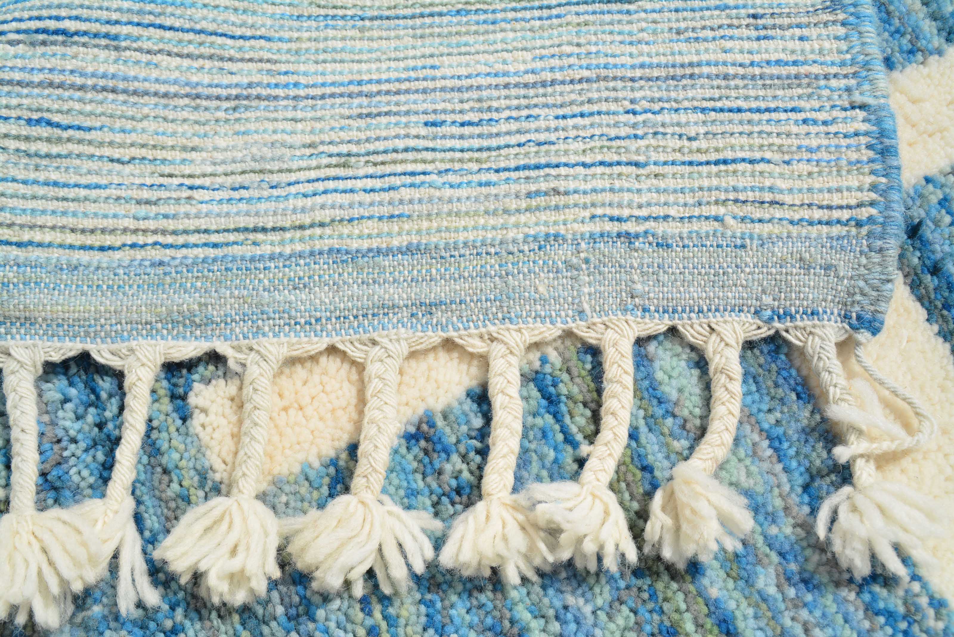 Out of the Sea (4'2" x 6'2") - Abstract Blue & White Geometric Grid Berber Rug - Image 4