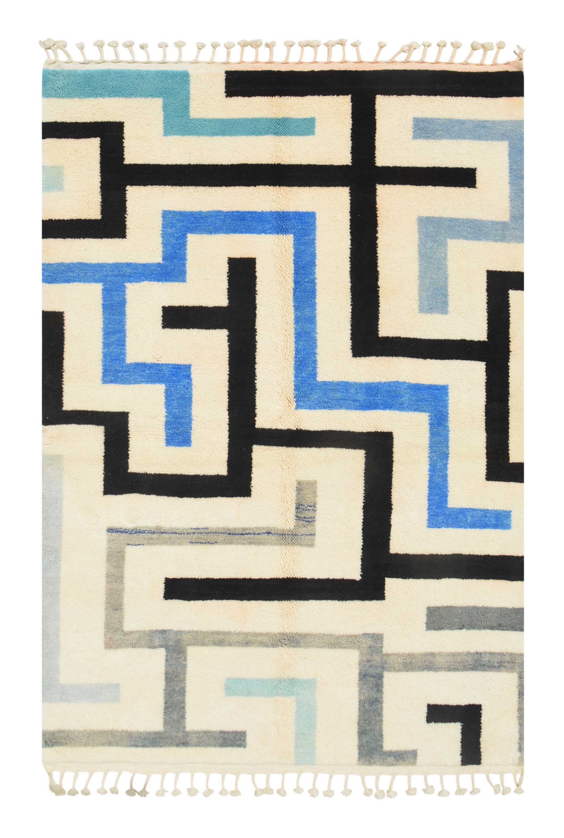 Spaces (6'0" x 8'8") - Abstract Blue & Black Maze Azilal Rug - Hand-Knotted Wool