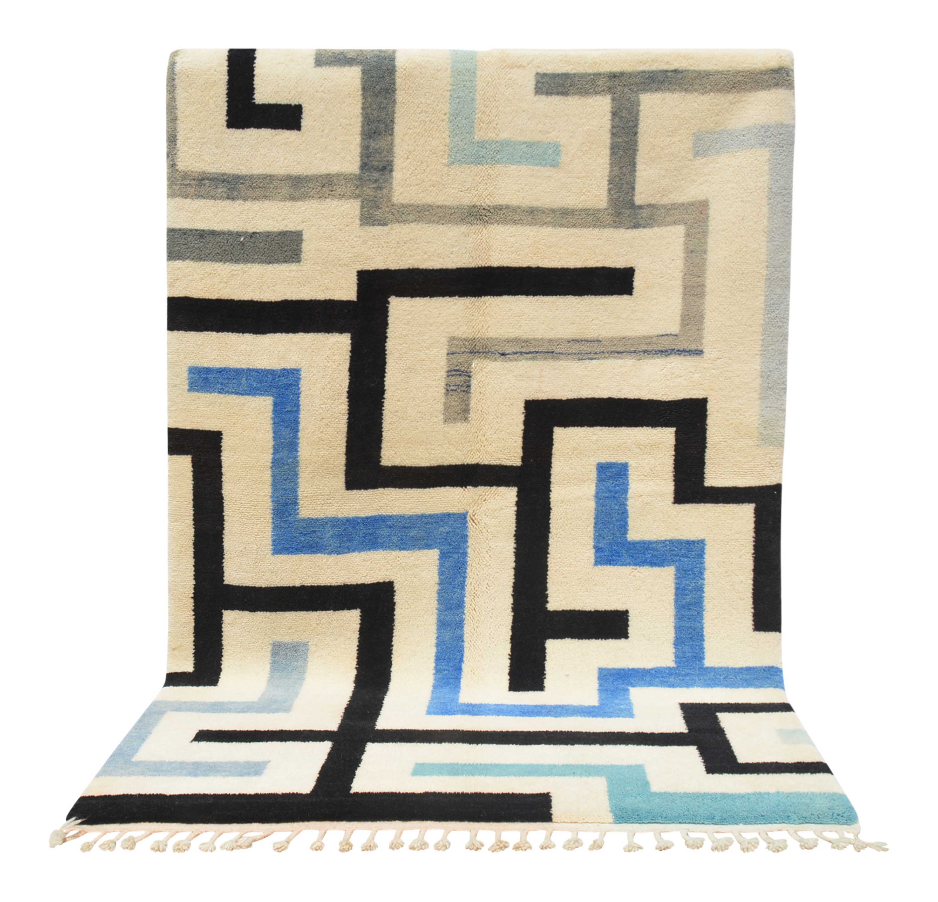 Spaces (6'0" x 8'8") - Abstract Blue & Black Maze Azilal Rug - Hand-Knotted Wool - Image 5